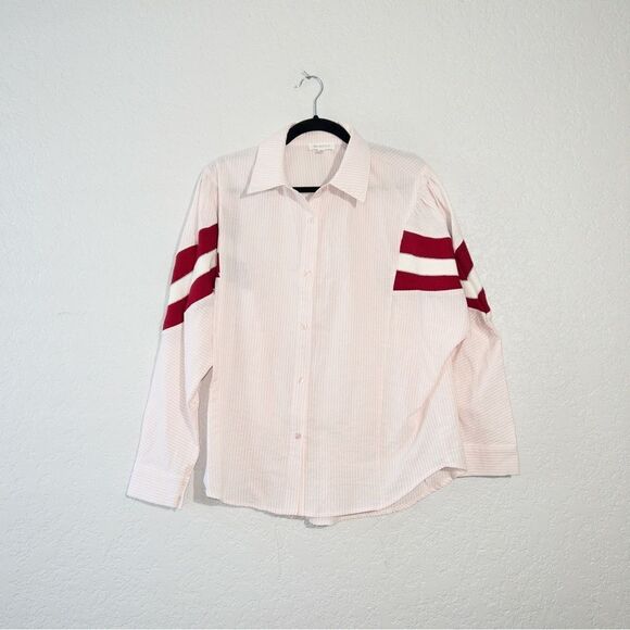 New Bucketlist Pink Pin Stripe Varsity Knit Inset Button Down Shirt Size Medium - Picture 1 of 7